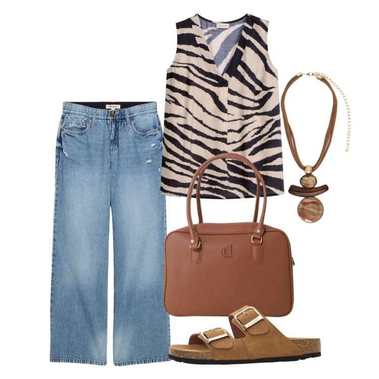 Outfit donna - Agosto. Stile Casual chic per Tutti i giorni. Abbinamento con ciabatte, jeans, top, borse a mano, ciondoli.