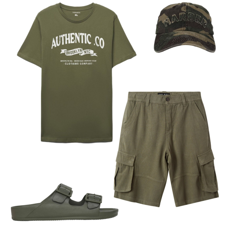 Outfit uomo - Pomeriggio d\'estate. Stile Casual per Tutti i giorni. Abbinamento con bermuda, t-shirt, cappelli con visiera, sandali.