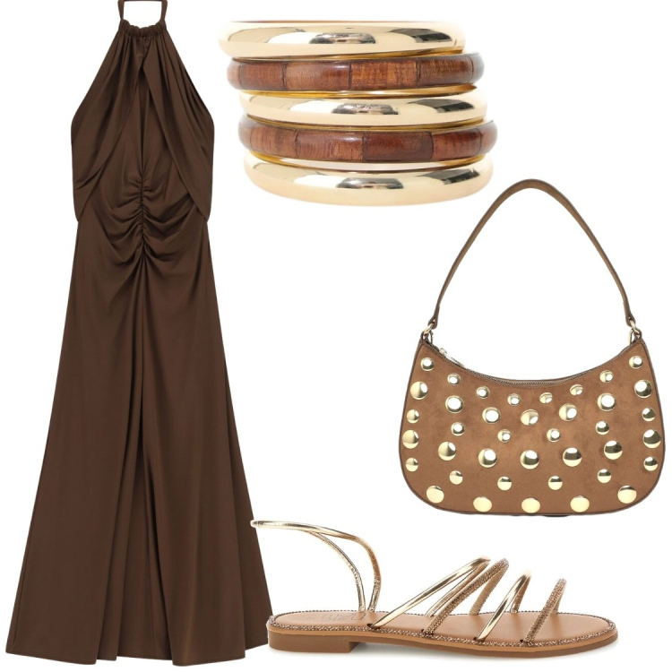 Outfit donna - Riflessi dorati su pelle abbronzata. Stile Chic per Serata fuori. Abbinamento con borse a tracolla, braccialetti, vestiti lunghi, sandali.