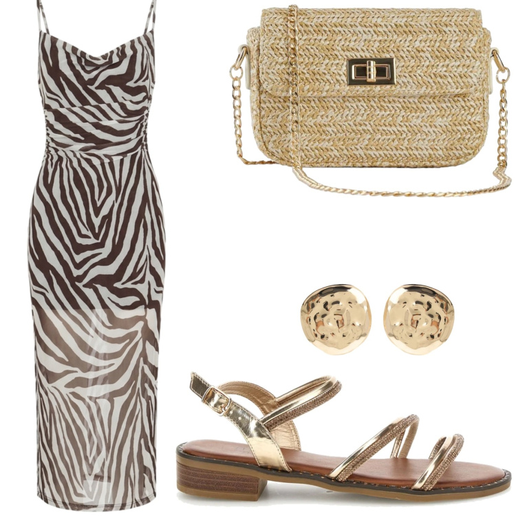 Outfit donna - Sere d\'agosto. Stile Chic per Serata fuori. Abbinamento con borse a tracolla, vestiti lunghi, orecchini, sandali col tacco.