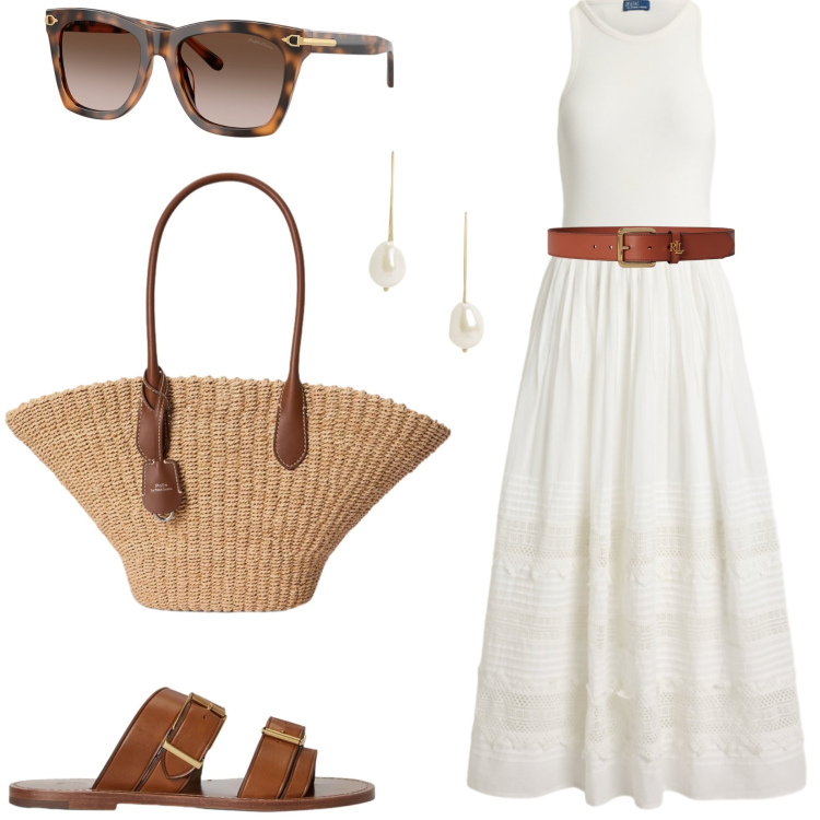 Outfit donna - Maxi dress estivo. Stile Casual chic per Tutti i giorni. Abbinamento con occhiali da sole, sandali in pelle, orecchini, cinture, vestiti midi/longuette, borse tote.