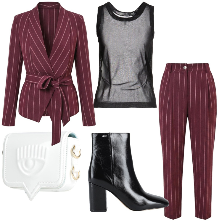 Outfit donna - Gessato bordeaux. Stile Chic per Serata fuori. Abbinamento con top, marsupi, stivaletti, blazer, pantaloni.