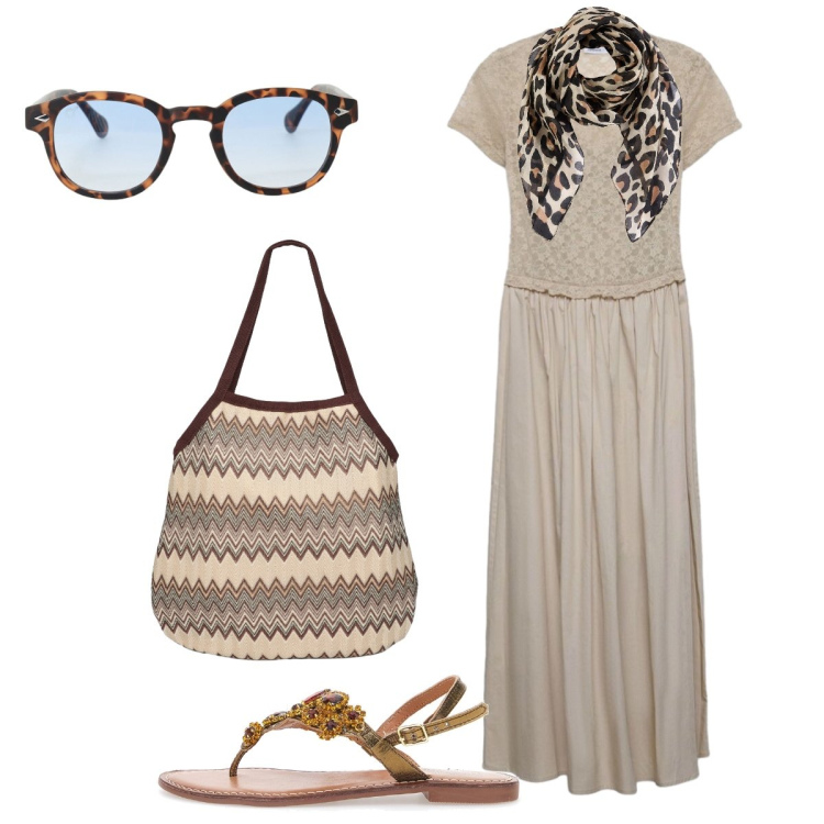 Outfit donna - Color tortora in ufficio. Stile Bon Ton per Ufficio. Abbinamento con foulard, vestiti lunghi, borse tote, occhiali da sole, sandali gioiello.