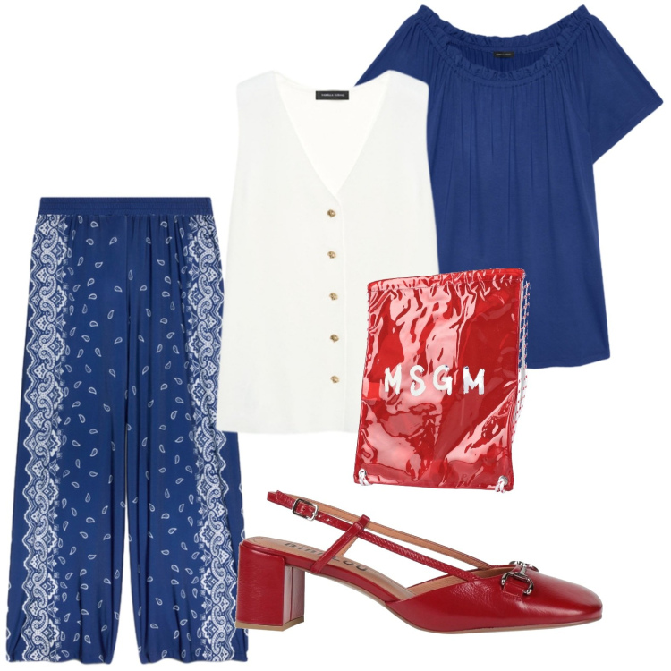 Outfit donna - Eleganza navy. Stile Glamour per Tutti i giorni. Abbinamento con zaini, décolleté, pantaloni a palazzo, maglieria, t-shirt.