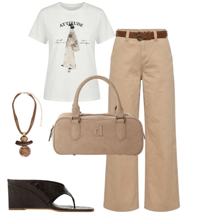 Outfit donna - City. Stile Casual chic per Tutti i giorni. Abbinamento con borse a mano, sandali col tacco, t-shirt, pantaloni, ciondoli.