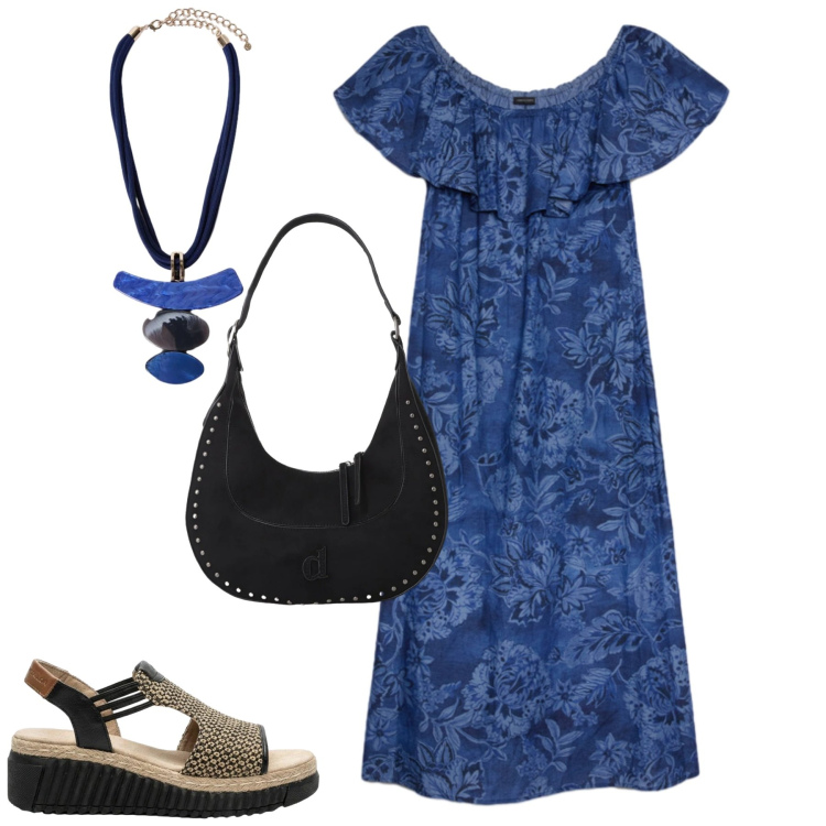 Outfit donna - Agosto. Stile Casual per Tutti i giorni. Abbinamento con sandali, borse a spalla, vestiti lunghi, ciondoli.