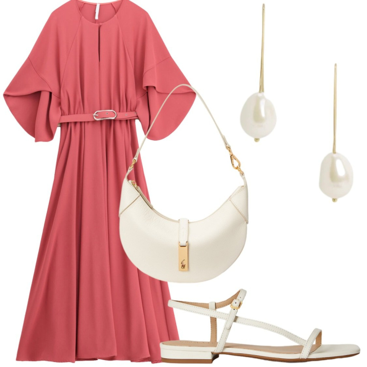 Outfit donna - Color pesca. Stile Chic per Serata fuori. Abbinamento con vestiti lunghi, borse a spalla, sandali in pelle, orecchini.