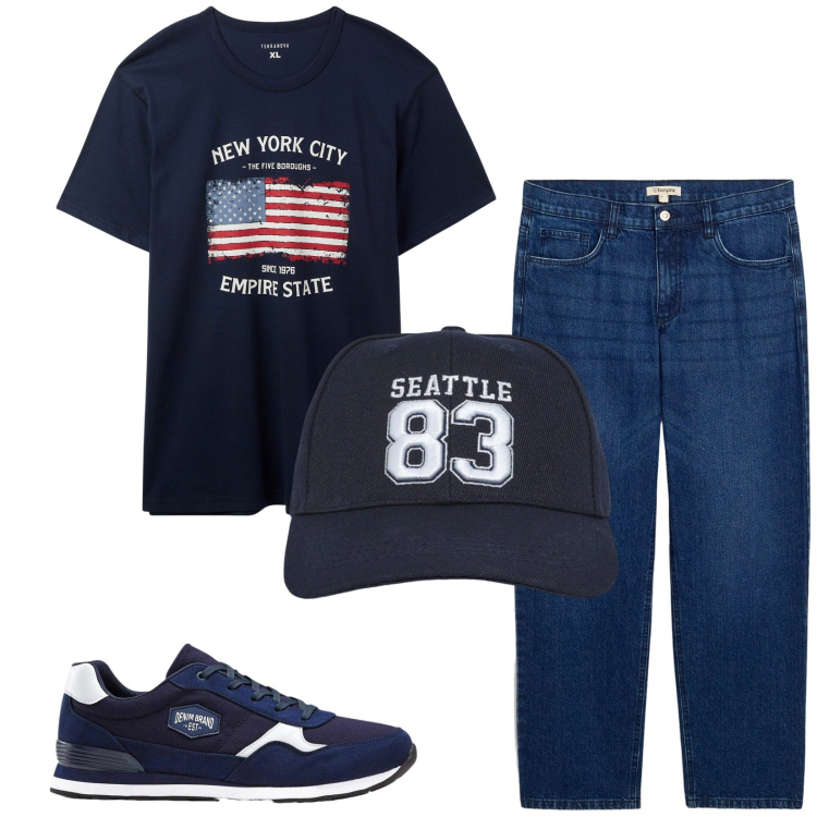 Outfit uomo - Total look #2447350. Stile Casual per Tutti i giorni. Abbinamento con sneakers, jeans dritti, cappelli con visiera, t-shirt.