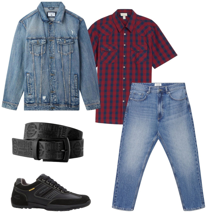 Outfit uomo - Total look #2447352. Stile Casual per Tutti i giorni. Abbinamento con cinture, camicie a manica corta, sneakers, jeans, giacche.