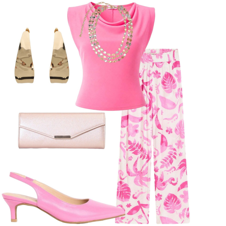 Outfit donna - A passeggio. Stile Casual per Tutti i giorni. Abbinamento con pantaloni, décolleté, top, orecchini, clutch, collane.