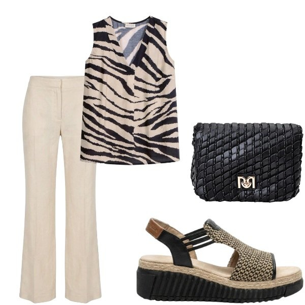 Outfit donna - Estate. Stile Casual per Tutti i giorni. Abbinamento con sandali, top, borse a tracolla, pantaloni.