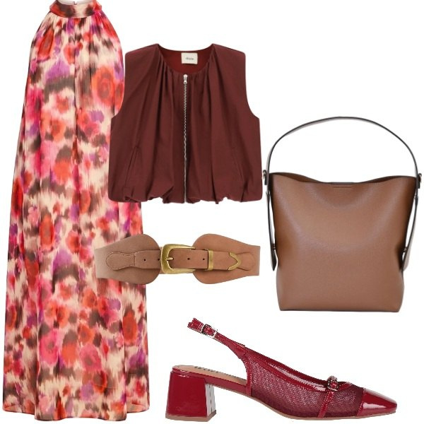 Outfit donna - A cena fuori. Stile Casual chic per Serata fuori. Abbinamento con décolleté, cinture, gilet, borse a mano, vestiti lunghi.