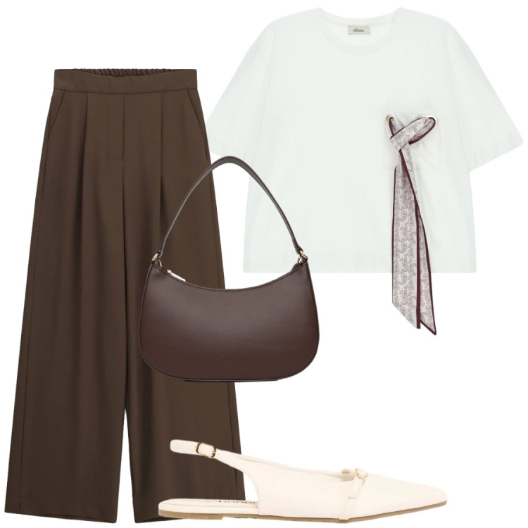 Outfit donna - In ufficio. Stile Chic per Ufficio. Abbinamento con ballerine, borse a tracolla, pantaloni a palazzo, t-shirt.