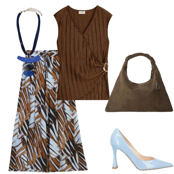 Outfit donna - A cena fuori. Stile Casual chic per Serata fuori. Abbinamento con décolleté, canottiere, pantaloni a palazzo, borse a spalla, ciondoli.