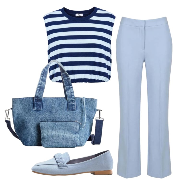 Outfit donna - Azzurro mare in città. Stile Preppy per Scuola/Università. Abbinamento con borse a mano, mocassini, top, pantaloni.