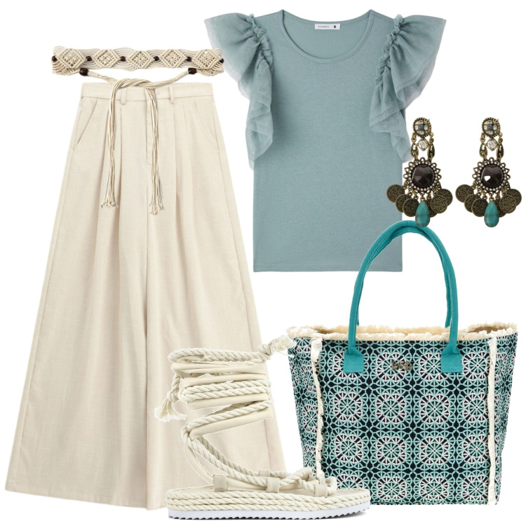 Outfit donna - L\'estate perfetta. Stile Boho per Tutti i giorni. Abbinamento con t-shirt, cinture, orecchini, pantaloni a palazzo, sandali, borse a spalla.