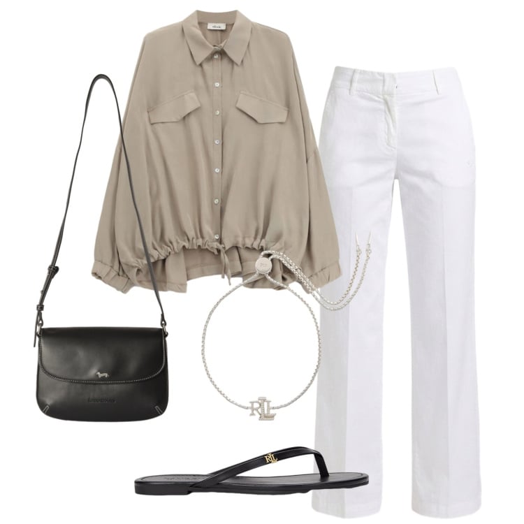 Outfit donna - Riviera natural. Stile Minimal per Tutti i giorni. Abbinamento con pantaloni, borse a tracolla, camicie, ciabatte, braccialetti.
