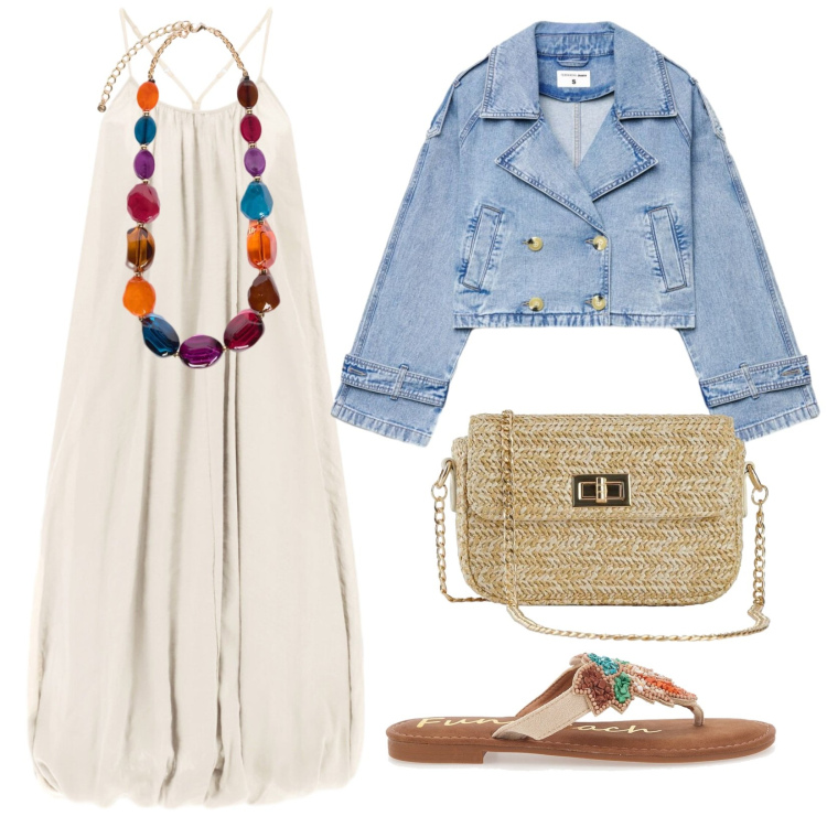 Outfit donna - I giusti accessori. Stile Trendy per Serata fuori. Abbinamento con borse a tracolla, caban, vestiti lunghi, collane, infradito.