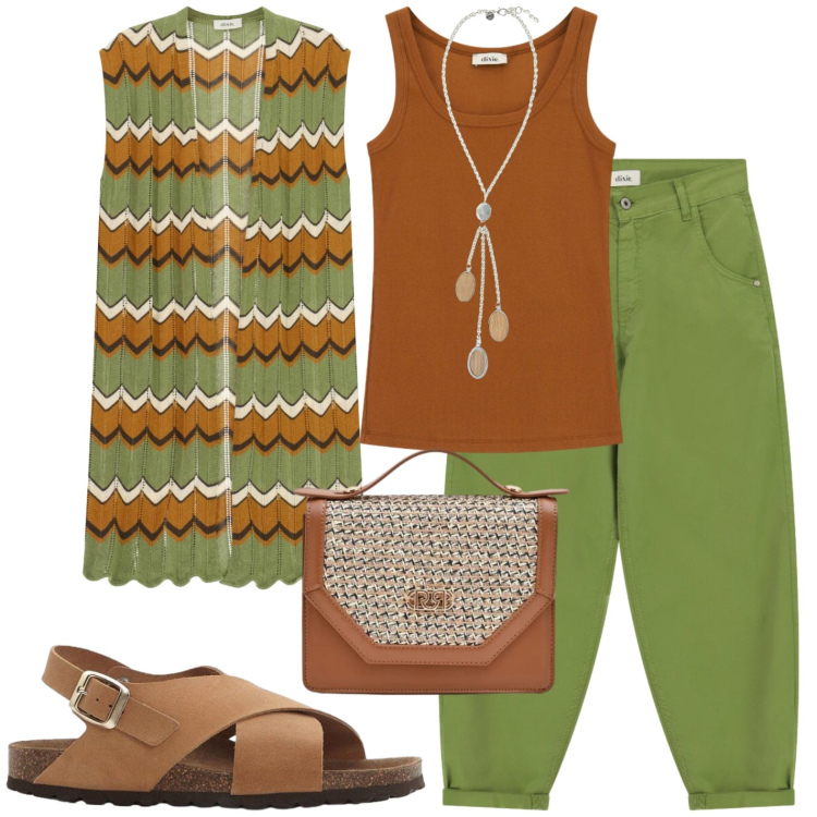 Outfit donna - Al lavoro. Stile Casual per Tutti i giorni. Abbinamento con sandali in pelle, top, gilet, collane, pantaloni, pochette.