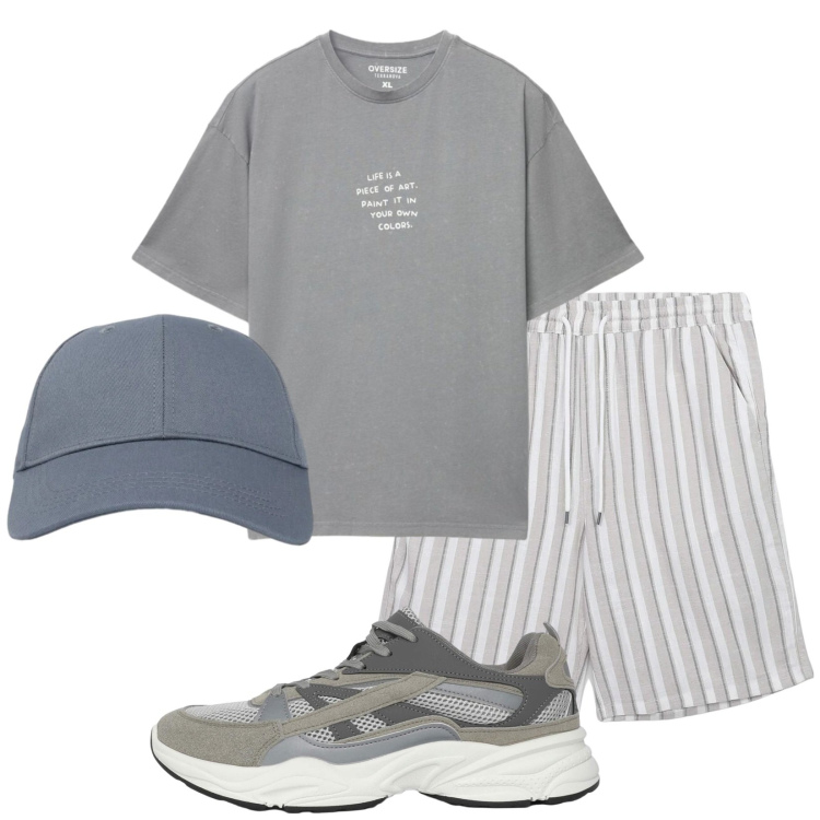 Outfit uomo - Total look #2447408. Stile Casual per Tutti i giorni. Abbinamento con pantaloni corti, sneakers, t-shirt, cappelli con visiera.