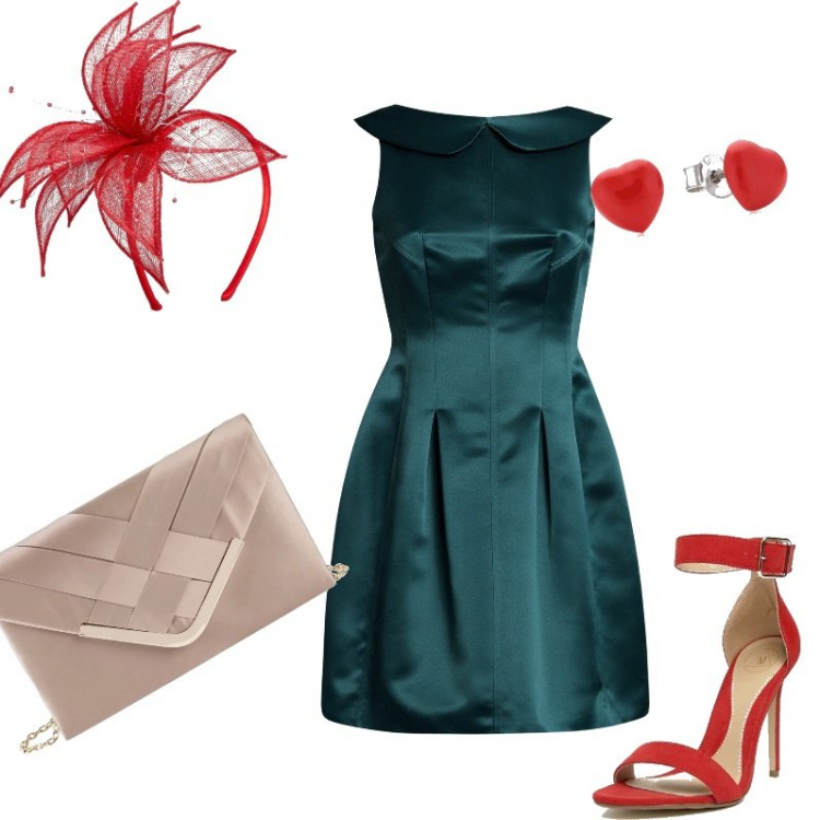 Outfit donna - Stile inglese. Stile Bon Ton per Cerimonia. Abbinamento con gonne, vestito mini con scollo e zip in raso aderente verde, cerchietto fantasia con fasce, sandali con cinturino nudo, orecchini a perno in sterling 925 argento.