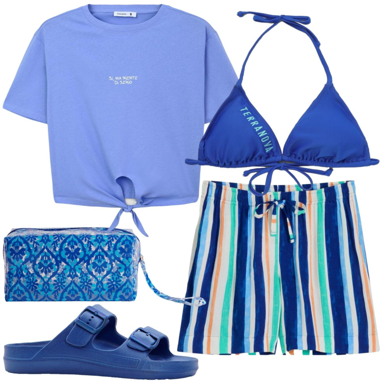 Outfit donna - Al mare. Stile Casual per Mare. Abbinamento con ciabatte, shorts, t-shirt, valigie, bikini.