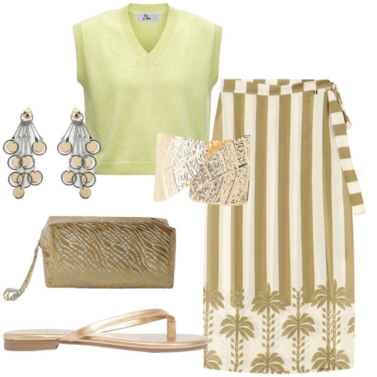 Outfit donna - In vacanza. Stile Casual per Mare. Abbinamento con sandali, valigie, maglieria, braccialetti, orecchini, gonne lunghe.