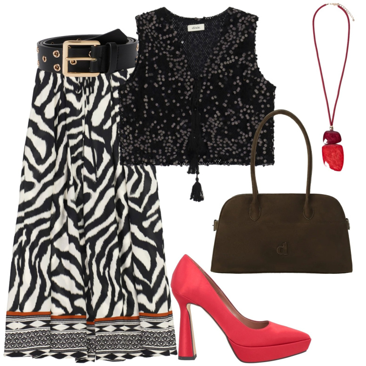 Outfit donna - Aperitivo. Stile Casual per Serata fuori. Abbinamento con décolleté, pantaloni a palazzo, borse a spalla, canottiere, cinture, ciondoli.