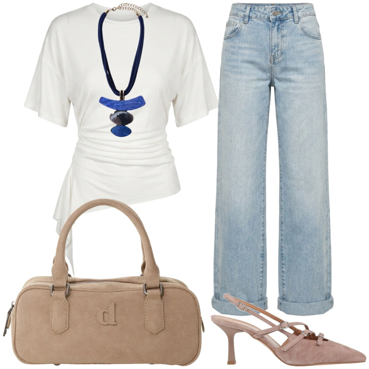 Outfit donna - Agosto al lavoro. Stile Casual per Tutti i giorni. Abbinamento con décolleté, borse a mano, maglieria, jeans, ciondoli.