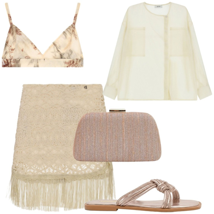 Outfit donna - Glamour. Stile Chic per Serata fuori. Abbinamento con top, camicie, minigonne, sandali, pochette.