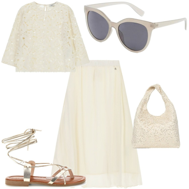 Outfit donna - Cocktail in Grecia. Stile Chic per Serata fuori. Abbinamento con occhiali da sole, borse a spalla, gonne lunghe, top, sandali alla schiava.