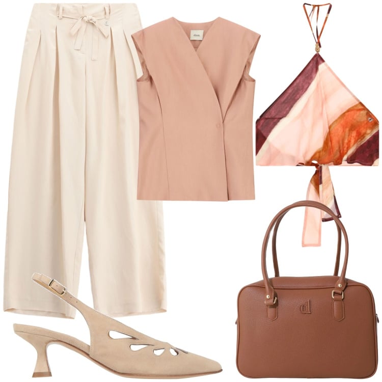 Outfit donna - Total look #2447432. Stile Casual chic per Serata fuori. Abbinamento con décolleté, gilet, borse a mano, pantaloni a palazzo, top.