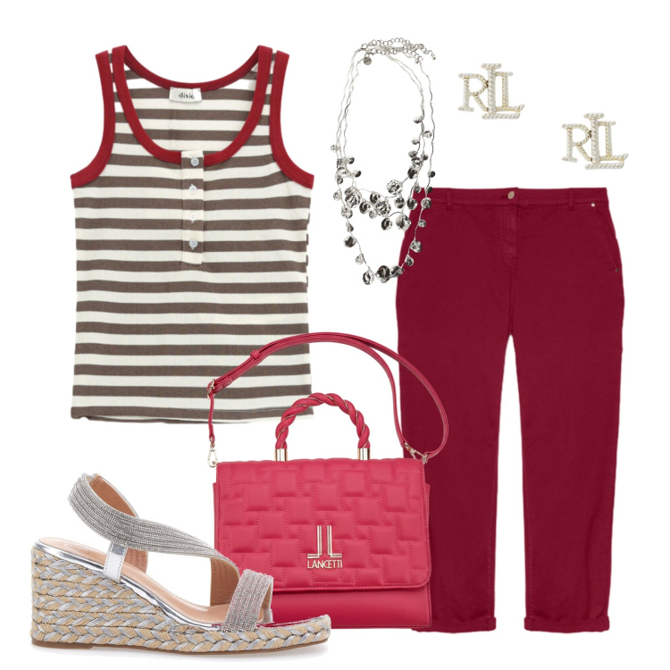 Outfit donna - Marinière e tocchi di rosso. Stile Basic per Tutti i giorni. Abbinamento con collane, top, pantaloni chino, orecchini, sandali, borse a mano.
