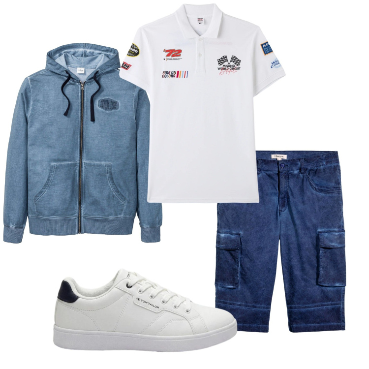 Outfit uomo - Total look #2447465. Stile Casual per Tutti i giorni. Abbinamento con felpe con cappuccio, sneakers, bermuda, polo.