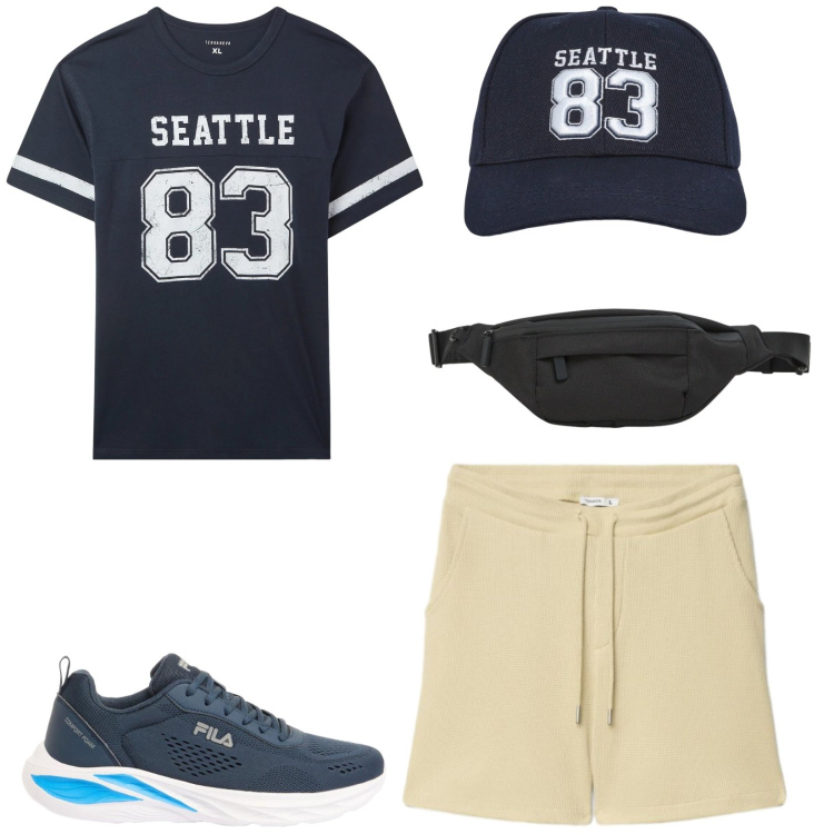 Outfit uomo - Total look #2447469. Stile Casual per Sport. Abbinamento con sneakers, cappelli con visiera, t-shirt, borse sportive, bermuda.