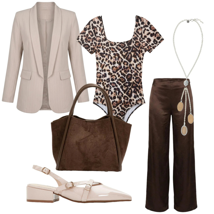 Outfit donna - Total look #2447472. Stile Glamour per Ufficio. Abbinamento con décolleté, body, collane, borse a spalla, blazer, pantaloni a palazzo.