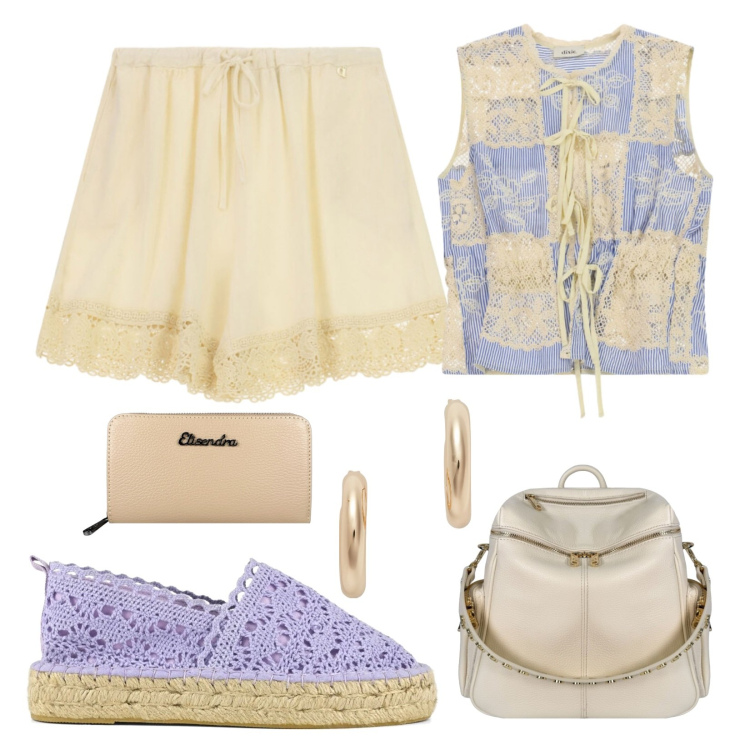 Outfit donna - Durante il viaggio. Stile Casual per Mare. Abbinamento con top, shorts, orecchini, portafogli, zaini, espadrillas.