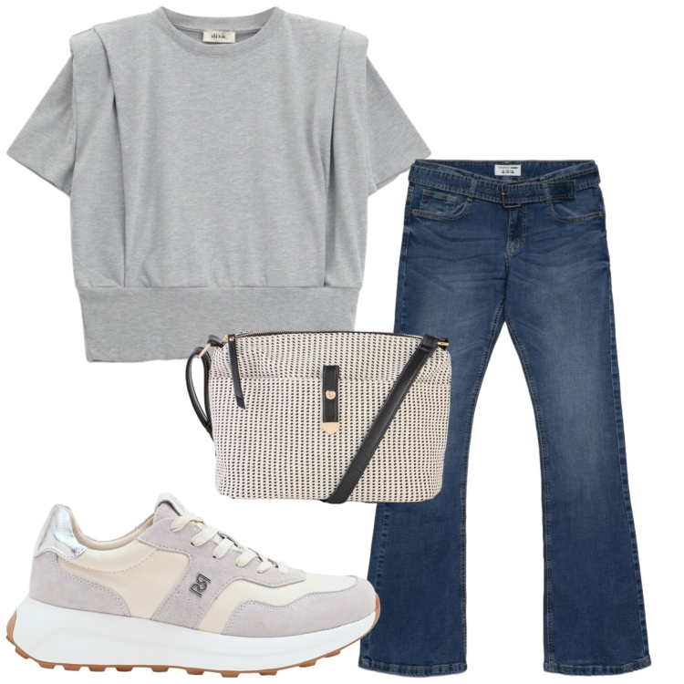 Outfit donna - Total look #2447476. Stile Basic per Tutti i giorni. Abbinamento con borse a tracolla, jeans a zampa, t-shirt, sneakers.
