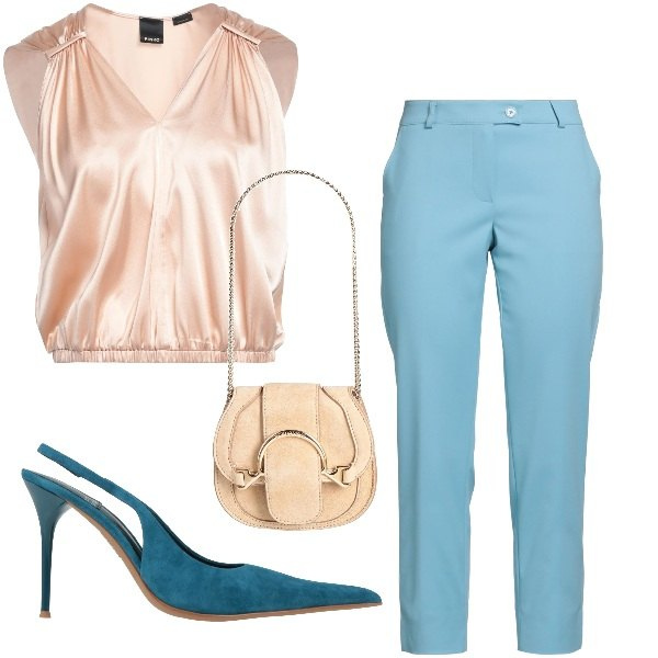 Outfit donna - Chic. Stile Chic per Tutti i giorni. Abbinamento con marsupi, pantaloni, top, décolleté.