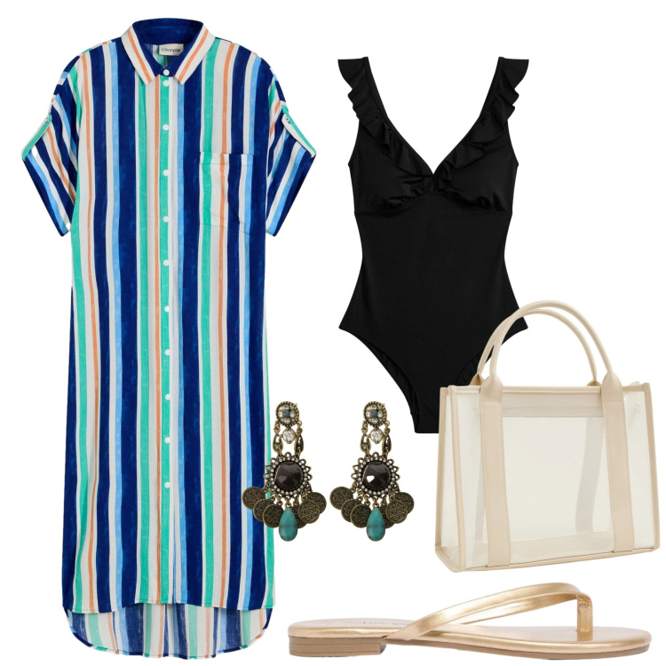 Outfit donna - Total look #2447481. Stile Boho per Mare. Abbinamento con vestiti, costumi interi, sandali, borse tote, orecchini.