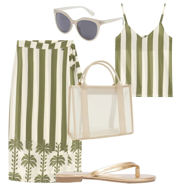 Outfit donna - Sono in ferie. Stile Chic per Tutti i giorni. Abbinamento con sandali, occhiali da sole, borse tote, gonne lunghe, top.