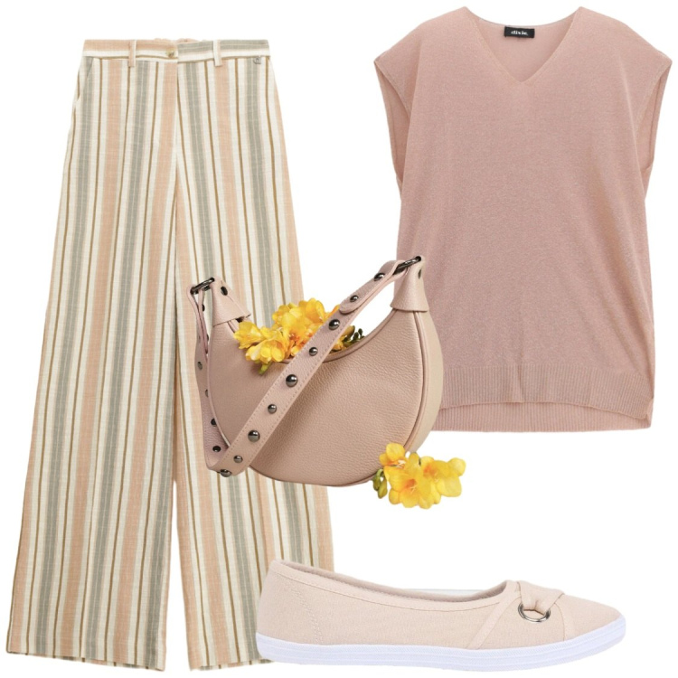 Outfit donna - In ufficio. Stile Chic per Ufficio. Abbinamento con ballerine, pantaloni a palazzo, borse a spalla, maglieria.