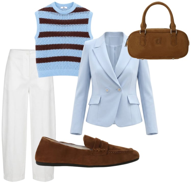 Outfit donna - Happiness. Stile Casual chic per Ufficio. Abbinamento con canottiere, borse a mano, mocassini, blazer, pantaloni.