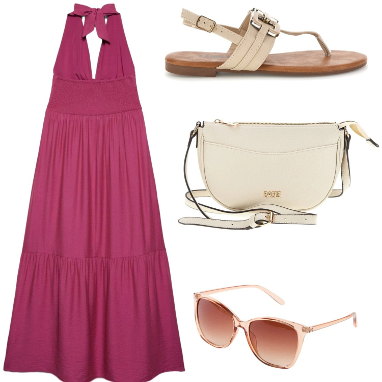 Outfit donna - Un abito fresco in città. Stile Urban per Tutti i giorni. Abbinamento con occhiali da sole, vestiti lunghi, borse a tracolla, sandali.