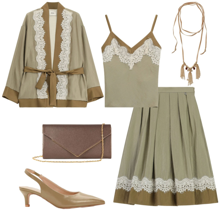 Outfit donna - Total look #2447493. Stile Boho per Cerimonia. Abbinamento con décolleté, collane, gonne longuette, blazer, top, clutch.