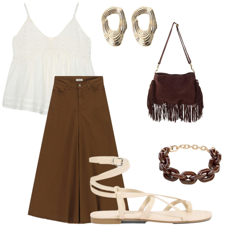 Outfit donna - Camila. Stile Boho per Serata fuori. Abbinamento con borse a tracolla, braccialetti, sandali, canottiere, orecchini, gonne lunghe.