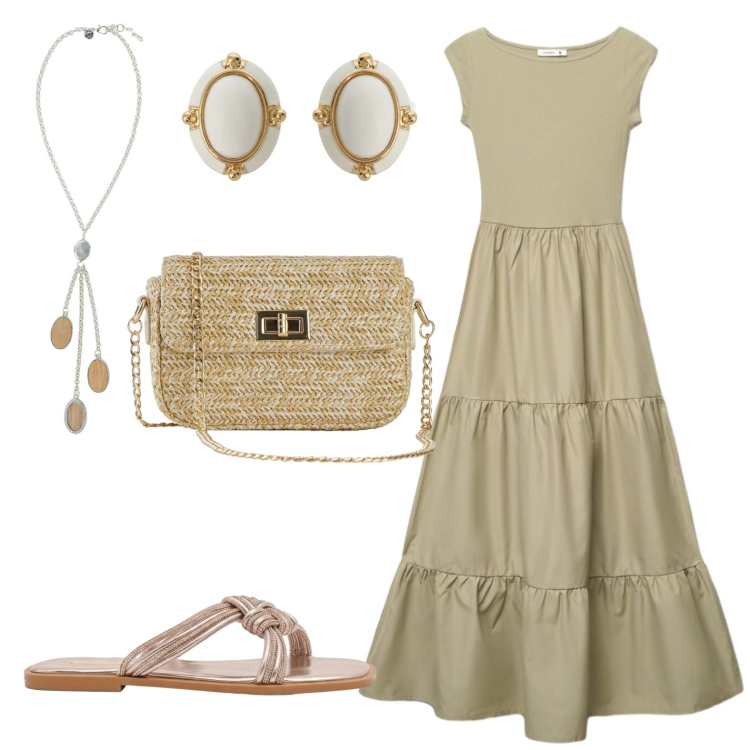 Outfit donna - Summer. Stile Casual per Tutti i giorni. Abbinamento con borse a tracolla, collane, orecchini, vestiti lunghi, sandali.