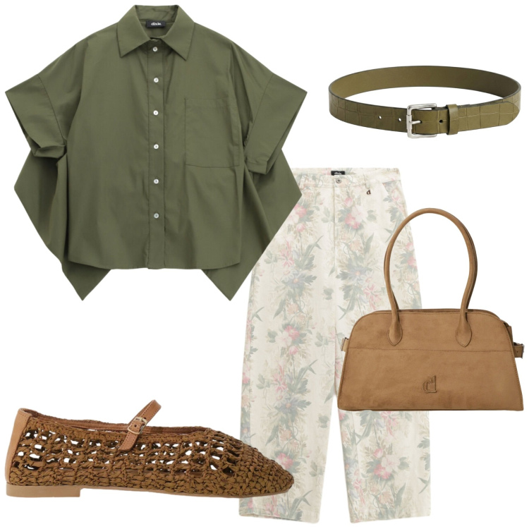 Outfit donna - Total look #2447499. Stile Trendy per Ufficio. Abbinamento con camicie a manica corta, pantaloni a palazzo, ballerine, borse a spalla, cinture.