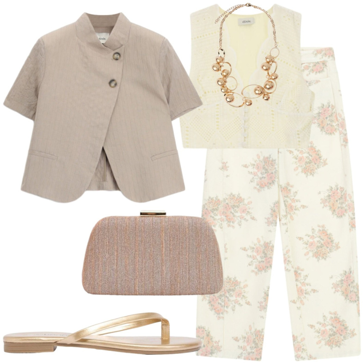 Outfit donna - Tempo libero. Stile Casual per Tutti i giorni. Abbinamento con sandali, blazer, pantaloni a palazzo, top, pochette, collane.
