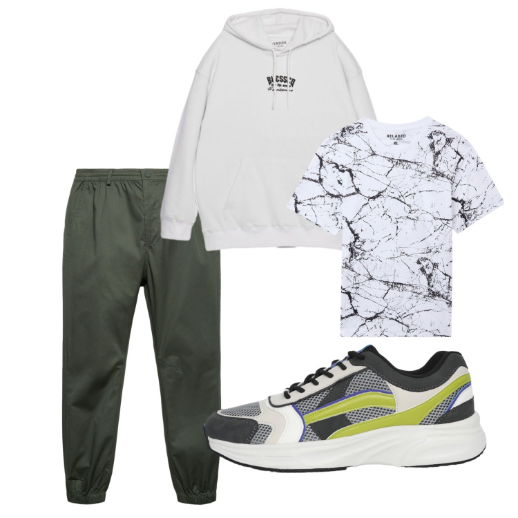 Outfit uomo - Total look #2447504. Stile Casual per Sport. Abbinamento con sneakers, felpe con cappuccio, pantaloni, t-shirt.